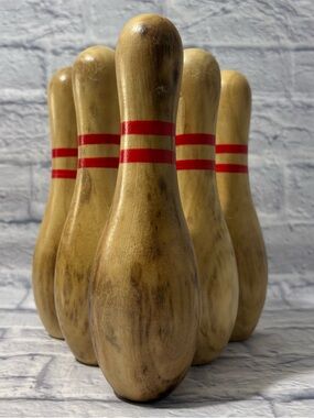 Vintage wooden hand-stained bowling bins (set of 6)